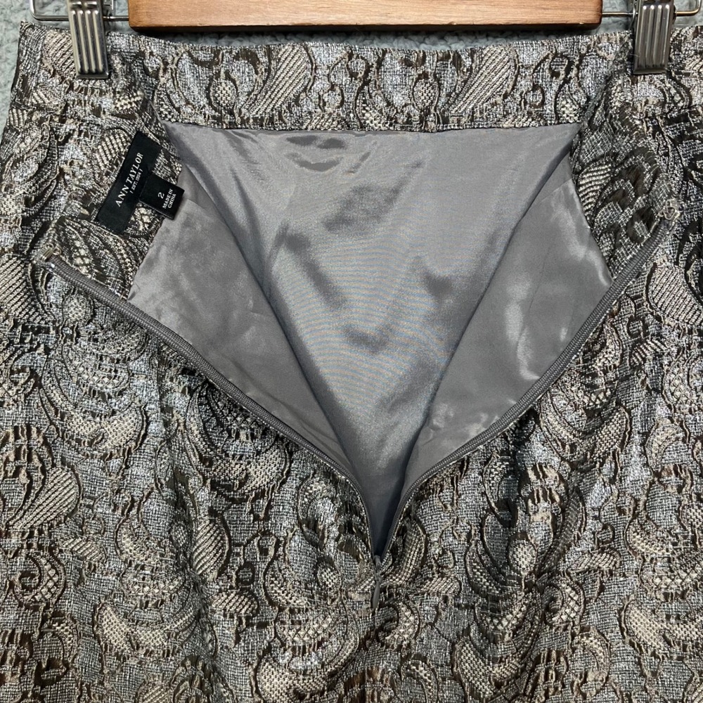 Ann Taylor Pencil Skirt 2 Mohair Wool Blend Silver Metallic Shiny Brocade Office - Picture 5 of 10
